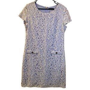 Tommy Hilfiger Dress Lace Blue White  Lace Short Sleeve Zip Up Back WM SZ 12 💙